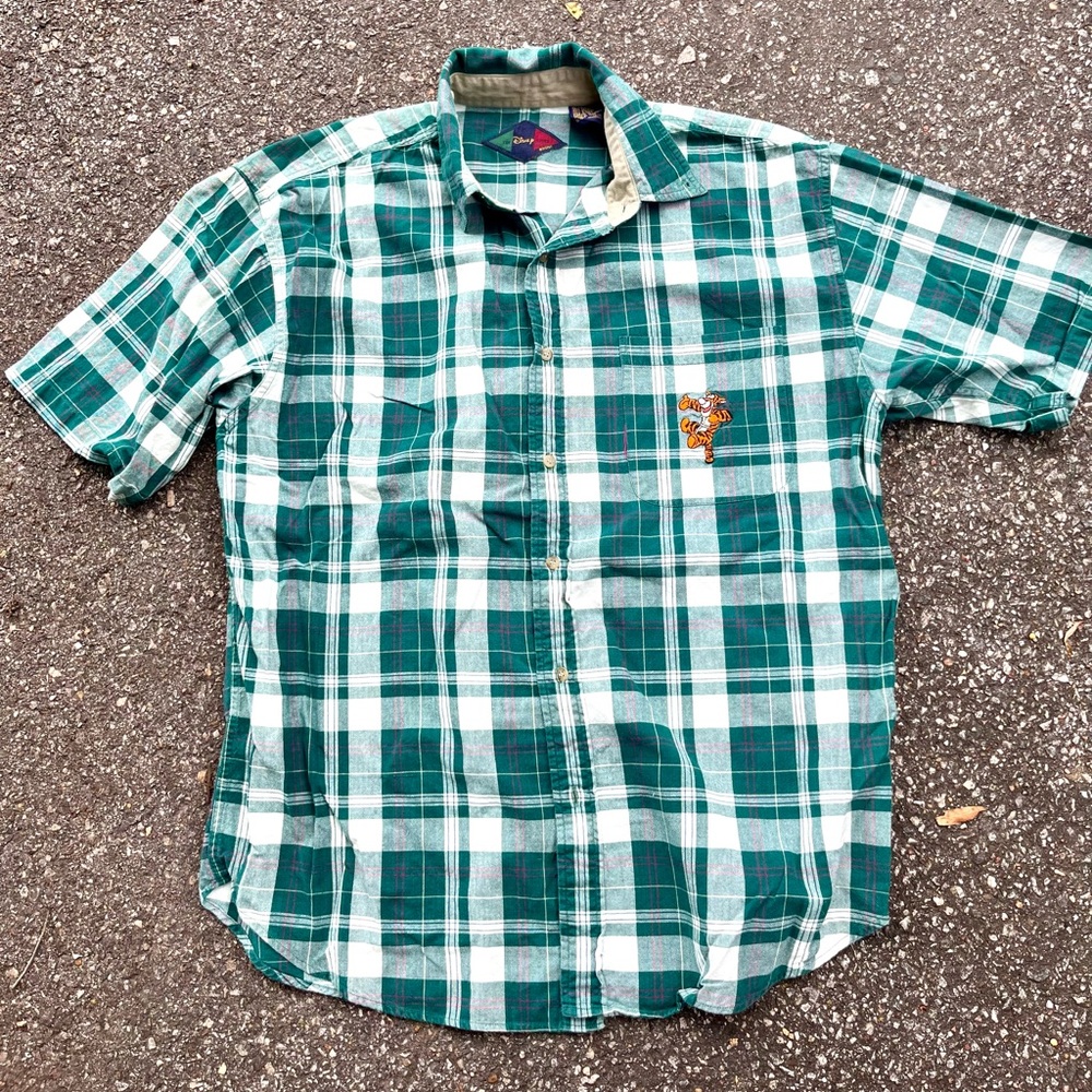 Vintage Disney Embroidered Tigger Green and white plaid short sleeve button up